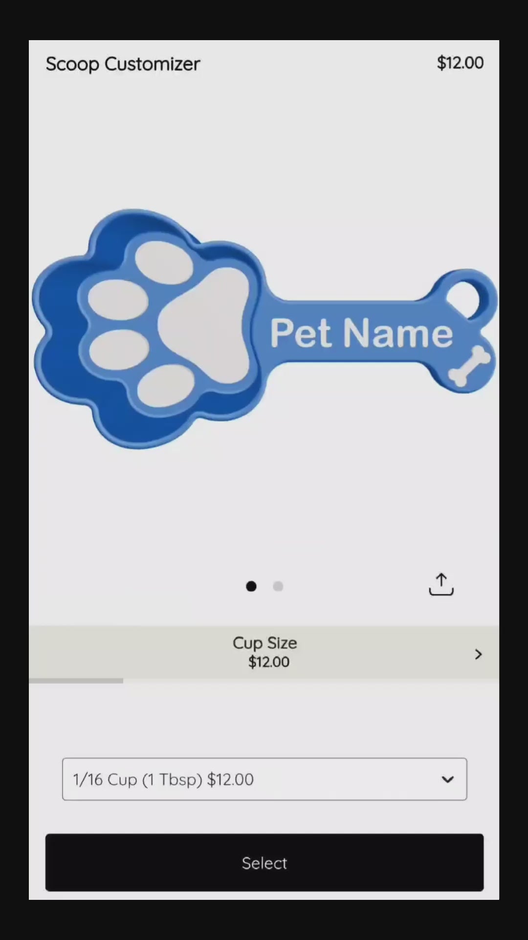 Load video: With our customization tool, you can design your own personalized food scoop. Begin by selecting the recommended cup size for your pets diet. Then, choose from a variety of colors to create a look that suits your style. Personalize it further by adding a name and choosing a font type. Finally, adjust the size and position of the text to your liking, creating a scoop that&#39;s not only functional but also uniquely yours and perfect for your pet!